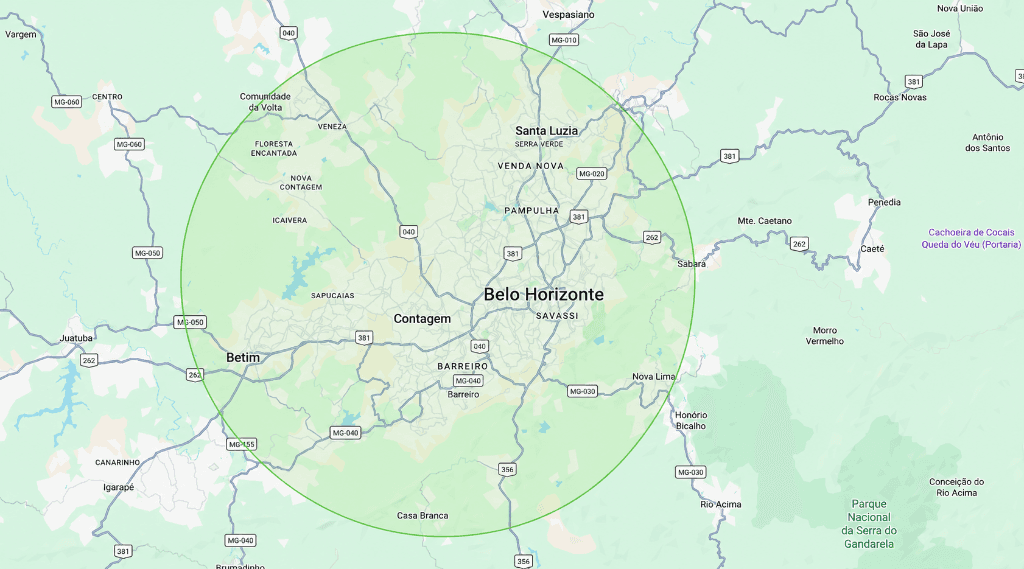 Mapa da área de atendimento: raio ao redor de Belo Horizonte, Contagem e Betim
